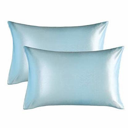 Picture of Bedsure Satin Pillowcase for Hair and Skin, 2-Pack - Standard Size (20x26 inches) Pillow Cases - Satin Pillow Covers with Envelope Closure, Light Blue