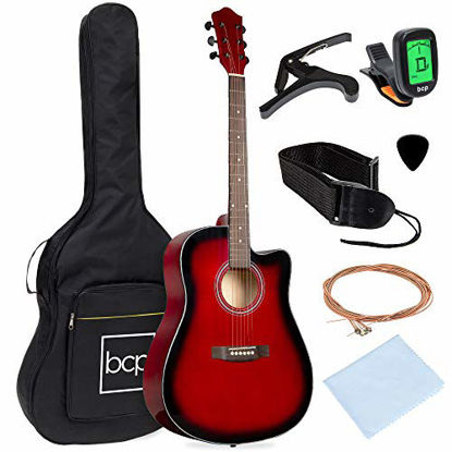 Picture of Best Choice Products 41in Full Size Beginner All Wood Cutaway Acoustic Guitar Starter Set with Case, Strap, Capo, Strings, Picks, Tuner - Red