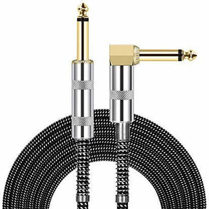 Picture of JOLGOO Guitar Cable, 1/4 Inch Cable 10 Ft, Straight to Right Angle 6.35mm Plug Bass Keyboard Instrument Cable, Black and Gray Tweed Cloth Jacket, Electric Mandolin, pro Audio