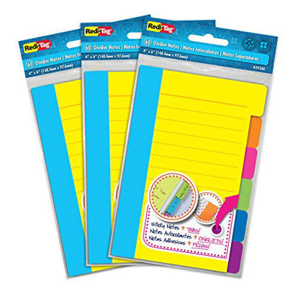 Picture of Redi-Tag Divider Sticky Notes, Tabbed Self-Stick Lined Note Pad, 60 Ruled Notes per Pack, 4 x 6 Inches, Assorted Neon Colors, 3 Pack (10245)