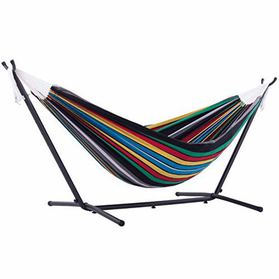 Picture of Vivere Double Cotton Hammock with Space Saving Steel Stand, (450 lb Capacity-Premium Carry Bag Included), 9', Rio Night with Charcoal Frame