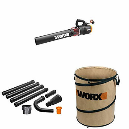 Picture of WORX WG520 Turbine 600 Electric Leaf Blower, Black with WA4094 GUTTERPRO Universal Gutter Cleaning Kit, 11 Reach WA0030 Landscaping 26-Gallon Collapsible Yard Waste Bag/Leaf Bin, Tan