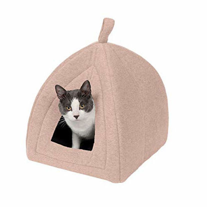 Picture of Furhaven Pet Cat Bed - Triangle Hooded Tent House Cave Fleece Dome Lounger Hood Pet Bed for Cats and Small Dogs, Beige Buff, One-Size