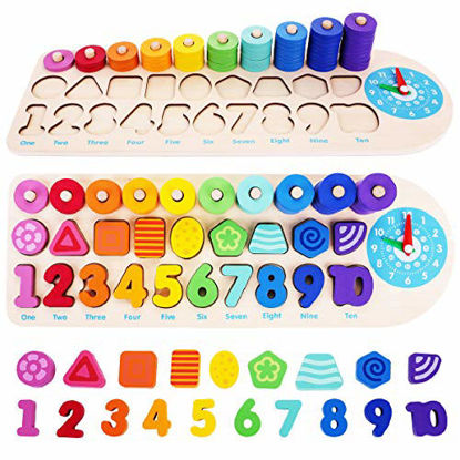 Picture of CozyBomB Educational Montessori Toys for Toddlers - Wooden Puzzles Blocks Number Stacking Best Preschool Learning Activities Shape sorter Math Game Counters Baby Kids Girls Boys Ages 3 4 5 Years Old