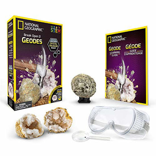 Picture of NATIONAL GEOGRAPHIC Break Open 2 Geodes Science Kit - Includes Goggles, Detailed Learning Guide and Display Stand - Great STEM Science gift for Mineralogy and Geology enthusiasts of any age