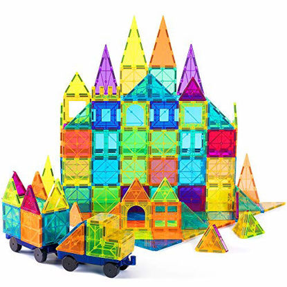 Picture of cossy Kids Magnet Toys Magnetic Tiles, 120 PCs Magnetic Building Blocks, Educational Toys for Kids Children with 2 Car Sets