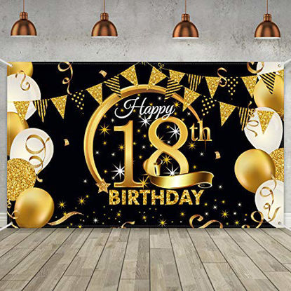 Picture of Birthday Party Decoration Extra Large Fabric Black Gold Sign Poster for Anniversary Photo Booth Backdrop Background Banner, Birthday Party Supplies, 72.8 x 43.3 Inch (18th)