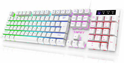 Picture of NPET K10 Gaming Keyboard USB Wired Floating Keyboard, Quiet Ergonomic Water-Resistant Mechanical Feeling Keyboard, Ultra-Slim Rainbow LED Backlit Keyboard for Desktop, Computer, PC, White