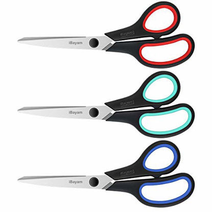 Picture of iBayam Scissors, 8 Inch Multipurpose Scissors 3-Pack, Ultra Sharp Blades, Comfort-Grip Handles, Heavy Duty Sharp Scissors for Office Home School Teacher Older Kids Classroom Class Craft Supplies