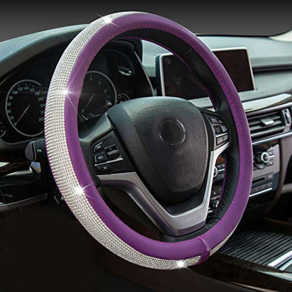 Picture of New Diamond Leather Steering Wheel Cover with Bling Bling Crystal Rhinestones, Universal Fit 15 Inch Anti-Slip Wheel Protector for Women Girls,Purple