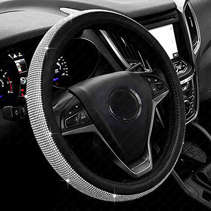 Picture of New Diamond Leather Steering Wheel Cover with Bling Bling Crystal Rhinestones, Universal Fit 15 Inch Car Wheel Protector for Women Girls,Black