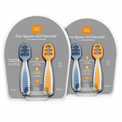 Picture of NumNum Pre-Spoon GOOtensils | Baby Spoon Set (First Stage + Second Stage) | BPA Free Silicone Self Feeding Baby + Toddler Utensil (Orange/Blue 2-pack)