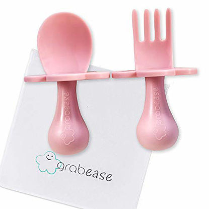 Picture of GRABEASE First Self Feed Baby Utensils with a Togo Pouch - Anti-Choke, BPA-Free Baby Spoon and Fork Toddler Utensils - Toddler Silverware for Baby Led Weaning Ages 6 Months+, Blush