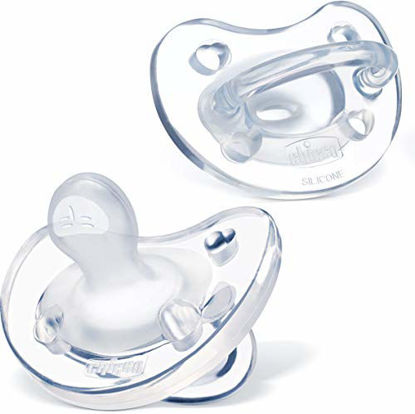 Picture of Chicco PhysioForma 100% Soft Silicone One Piece Pacifier for Babies 0-6 Months, Clear, Orthodontic Nipple, BPA-Free, 2-Count in Sterilizing Case
