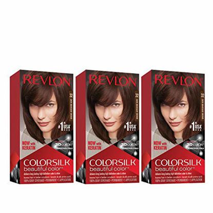 Picture of Revlon Colorsilk Beautiful Color Permanent Hair Color with 3D Gel Technology & Keratin, 100% Gray Coverage Hair Dye, 32 Dark Mahogany Brown, 4.4 oz (Pack of 3)