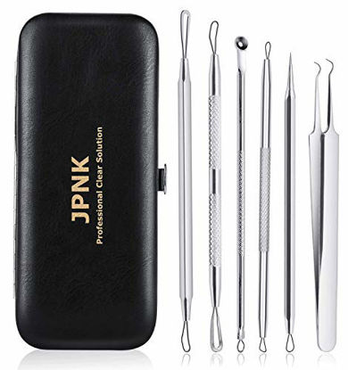 Picture of JPNK 6 PCS Blackhead Remover Comedones Extractor Acne Removal Kit for Blemish, Whitehead Popping, Zit Removing for Nose Face Tools with a Leather bag(Silver)