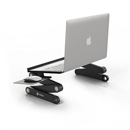 Picture of Laptop Table Stand Adjustable Riser: Portable with Mouse Pad Fully Ergonomic Mount Ultrabook MacBook Gaming Notebook Light Weight Aluminum Black Bed Tray Desk Book Fans Up to 17 inch
