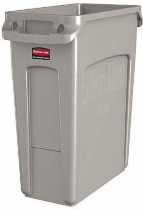 Picture of Rubbermaid Commercial Products Slim Jim Plastic Rectangular Trash/Garbage Can with Venting Channels, 16 Gallon, Beige (1971259)