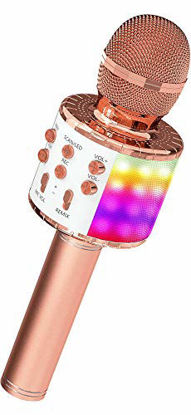 Picture of OVELLIC Karaoke Microphone for Kids, Wireless Bluetooth Karaoke Microphone with LED Lights, Portable Handheld Mic Speaker Machine, Great Gifts Toys for Girls Boys Adults All Age (Rose Gold)