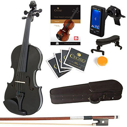 Picture of Mendini 4/4 MV-Black Solid Wood Violin with Tuner, Lesson Book, Shoulder Rest, Extra Strings, Bow and Case, Metallic Black Full Size