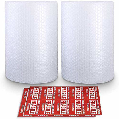 Picture of 2-Pack Bubble Cushioning Wrap Rolls, 3/16" Air Bubble, 12 Inch x 72 Feet Total, Perforated Every 12", 20 Fragile Stickers Included