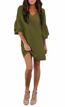 Picture of BELONGSCI Women's Casual Sweet & Cute Loose Shirt Balloon Sleeve V-Neck Blouse Top Green