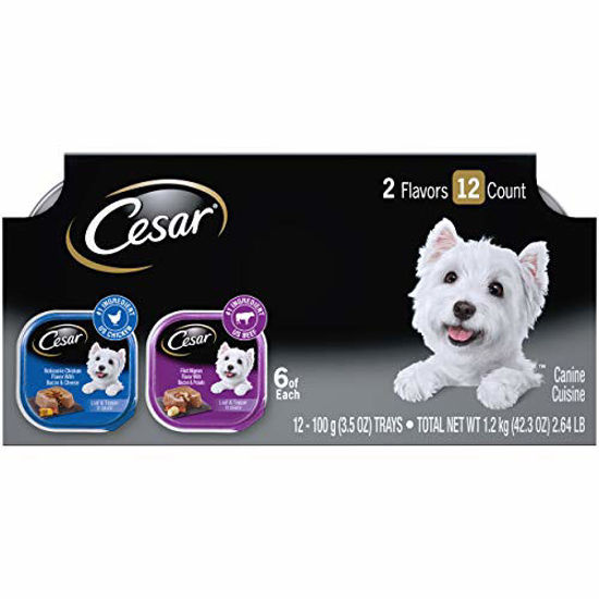 Picture of CESAR Soft Wet Dog Food Loaf in Sauce Rotisserie Chicken Flavor with Bacon & Cheese and Filet Mignon Flavor with Bacon & Potato Variety Pack, (24) 3.5 oz. Easy Peel Trays