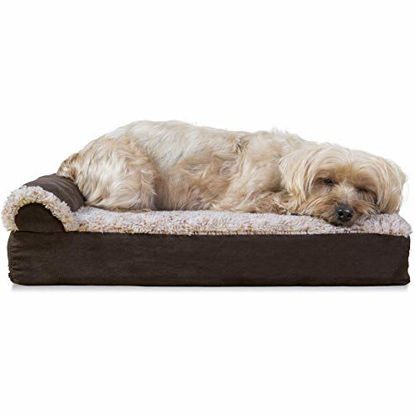 Picture of Furhaven Pet Dog Bed - Deluxe Orthopedic Two-Tone Plush and Suede L Shaped Chaise Lounge Living Room Corner Couch Pet Bed with Removable Cover for Dogs and Cats, Espresso, Small