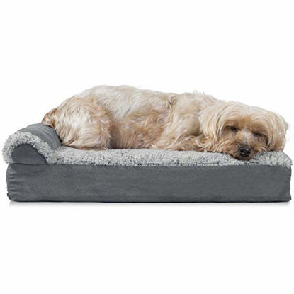 Picture of Furhaven Pet Dog Bed - Deluxe Orthopedic Two-Tone Plush and Suede L Shaped Chaise Lounge Living Room Corner Couch Pet Bed with Removable Cover for Dogs and Cats, Stone Gray, Small