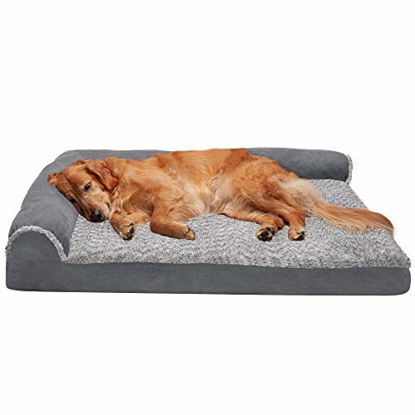 Picture of Furhaven Pet Dog Bed - Deluxe Orthopedic Two-Tone Plush and Suede L Shaped Chaise Lounge Living Room Corner Couch Pet Bed with Removable Cover for Dogs and Cats, Stone Gray, Jumbo
