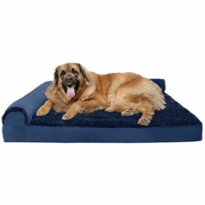 Picture of Furhaven Pet Dog Bed - Deluxe Orthopedic Plush Faux Fur and Velvet L Shaped Chaise Lounge Living Room Corner Couch Pet Bed with Removable Cover for Dogs and Cats, Deep Sapphire, Jumbo Plus
