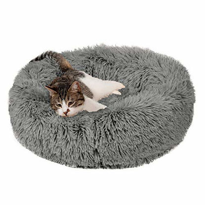 Picture of Furhaven Pet Dog Bed - Round Plush Long Faux Fur Ultra Calming Deep Sleep Soothing Cushion Cuddler Donut Pet Bed for Dogs and Cats, Gray, Small