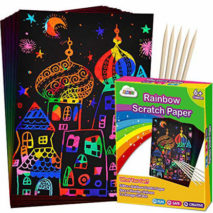 Picture of ZMLM Scratch Paper Art Set, 50 Piece Rainbow Magic Scratch Paper for Kids Black Scratch it Off Art Crafts Notes Boards Sheet with 5 Wooden Stylus for Easter Party Game Christmas Birthday Gift