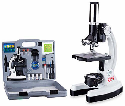 Picture of AmScope 120X-1200X 52-pcs Kids Beginner Microscope STEM Kit with Metal Body Microscope, Plastic Slides, LED Light and Carrying Box (M30-ABS-KT2-W),White