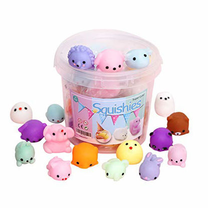 Picture of Squishies Squishy Toy 24pcs Party Favors for Kids Mochi Squishy Toy moji Kids Party Favors Mini Kawaii squishies Mochi Stress Reliever Anxiety Toys Easter Basket Stuffers fillers with Storage Box