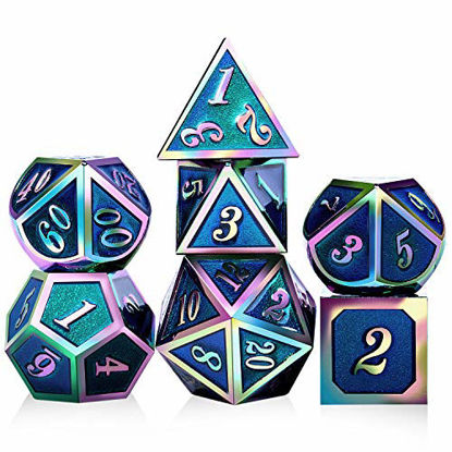 Picture of DNDND D&D Dice 7pcs Metal Polyhedarl Rainbow DND Dice Set with Metal Box for RPGs Dungeons and Dragons Board Game (Blue and Colorful Number)