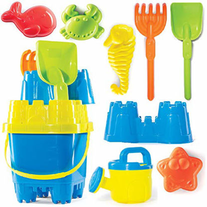 Picture of Prextex 10 Piece Beach Toys Sand Toys Set, Bucket with Sifter, Shovel, Rake, Watering Can, Animal and Castle Sand Molds