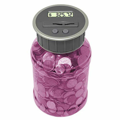 Picture of Digital Coin Bank Savings Jar - Automatic Coin Counter Totals All U.S. Coins Including Dollars and Half Dollars - Original Style, Transparent Pink Jar