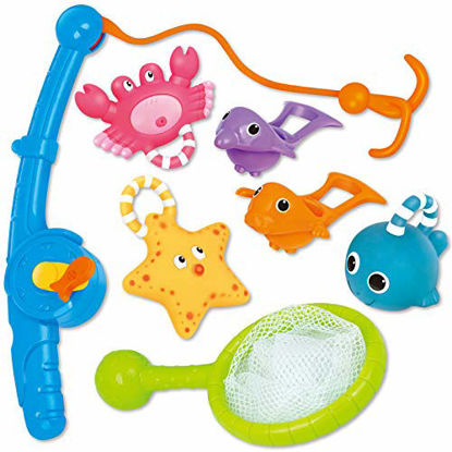 Picture of Bath Toy, Fishing Floating Squirts Toy and Water Scoop with Organizer Bag(8 Pack), KarberDark Fish Net Game in Bathtub Bathroom Pool Bath Time for Kids Toddler Baby Boys Girls, Bath Tub Spoon