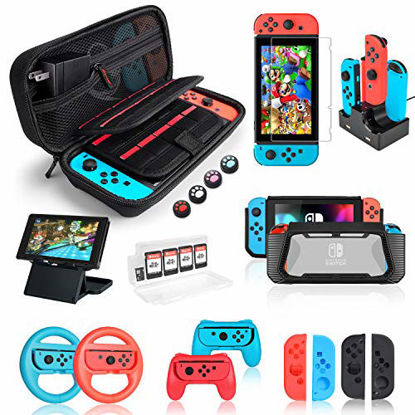 Picture of Switch Accessories Bundle for Nintendo Switch, Kit with Carrying Case, Screen Protector, Compact Playstand, Switch Game Case, Joystick Cap, Charging Dock,Steering Wheel for Nintendo Switch, (18 in 1)