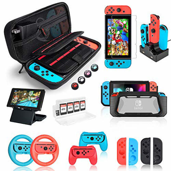 Picture of Switch Accessories Bundle for Nintendo Switch, Kit with Carrying Case, Screen Protector, Compact Playstand, Switch Game Case, Joystick Cap, Charging Dock,Steering Wheel for Nintendo Switch, (18 in 1)