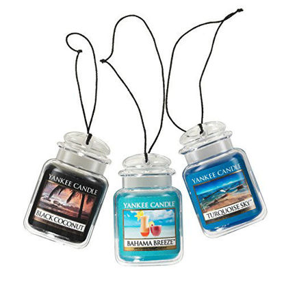 Picture of Yankee Candle Car Jar Ultimate Hanging Air Freshener 3-Pack (Bahama Breeze, Black Coconut, and Turquoise Sky)