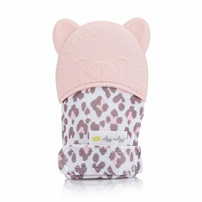 Picture of Itzy Ritzy Silicone Teething Mitt - Soothing Infant Teething Mitten with Adjustable Strap, Crinkle Sound & Textured Silicone to Soothe Sore & Swollen Gums, Blush Leopard