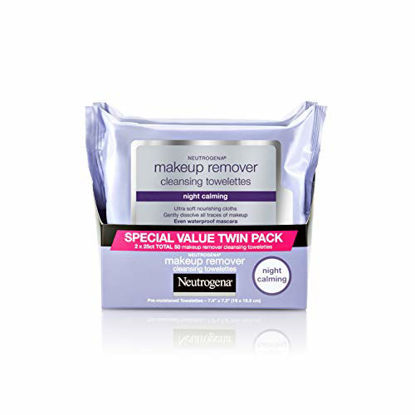 Picture of Neutrogena Makeup Remover Night Calming Cleansing Towelettes, Disposable Nighttime Face Wipes to Remove Dirt, Oil & Makeup, 25 ct, Twin Pack