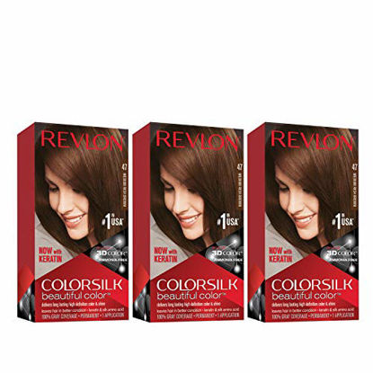 Picture of Revlon Colorsilk Beautiful Color Permanent Hair Color with 3D Gel Technology & Keratin, 100% Gray Coverage Hair Dye, 47 Medium Rich Brown, 4.4 oz (Pack of 3)