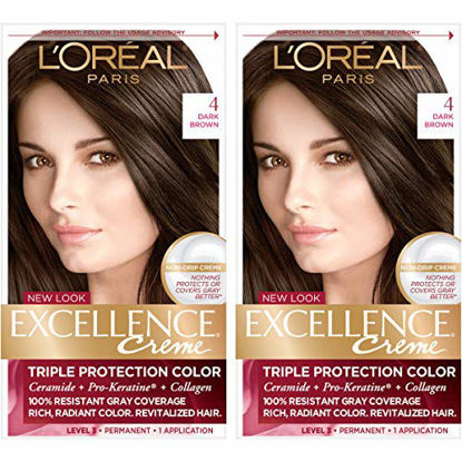 Picture of L'Oreal Paris Excellence Creme Permanent Hair Color, 4 Dark Brown, 100% Gray Coverage Hair Dye, Pack of 2