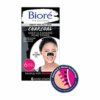 Picture of Bioré Charcoal, Deep Cleansing Pore Strips, Nose Strips for Blackhead Removal on Oily Skin, with Instant Blackhead Removal and Pore Unclogging, 6 Count, features Natural Charcoal, 3x Less Oil