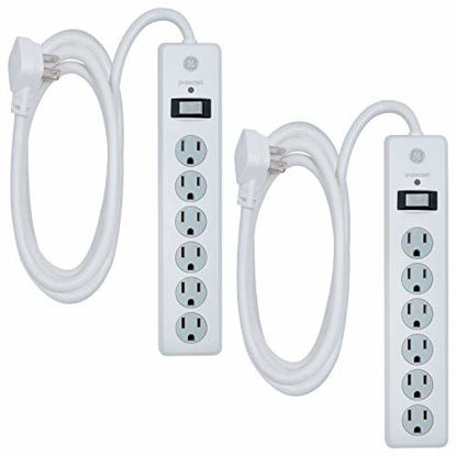 Picture of GE, White, 46862-1 6 Outlet Surge Protector 2 Pack, 10 Ft Extension Cord, Power Strip, 800 Joules, Flat Plug, Twist-to-Close Safety Covers, 46862, 2 Count