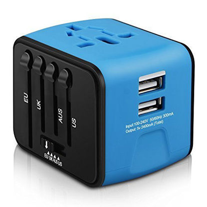 Picture of HAOZI Universal Travel Adapter, All-in-one International Power Adapter with 2.4A Dual USB, European Adapter Travel Power Adapter Wall Charger for UK, EU, AU, Asia Covers 150+Countries (Blue)