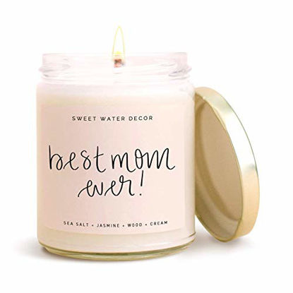 Picture of Sweet Water Decor, Best Mom Ever, Sea Salt, Jasmine, Cream, and Wood Scented Soy Wax Candle for Home | 9oz Clear Glass Jar, 40 Hour Burn Time, Made in the USA